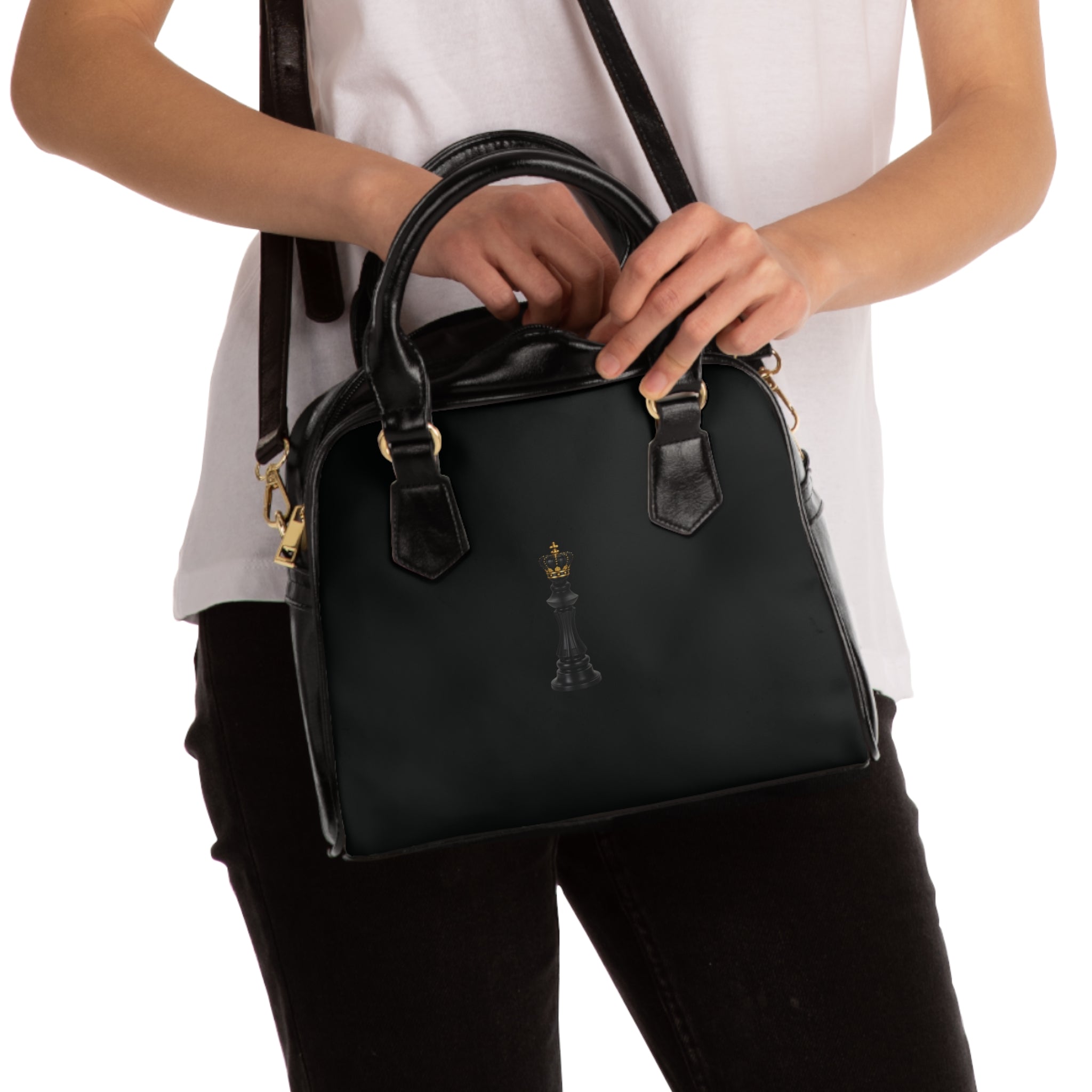 Minimal Black Shoulder Handbag with Crown Accent | Structured Everyday Purse by Clien Wil